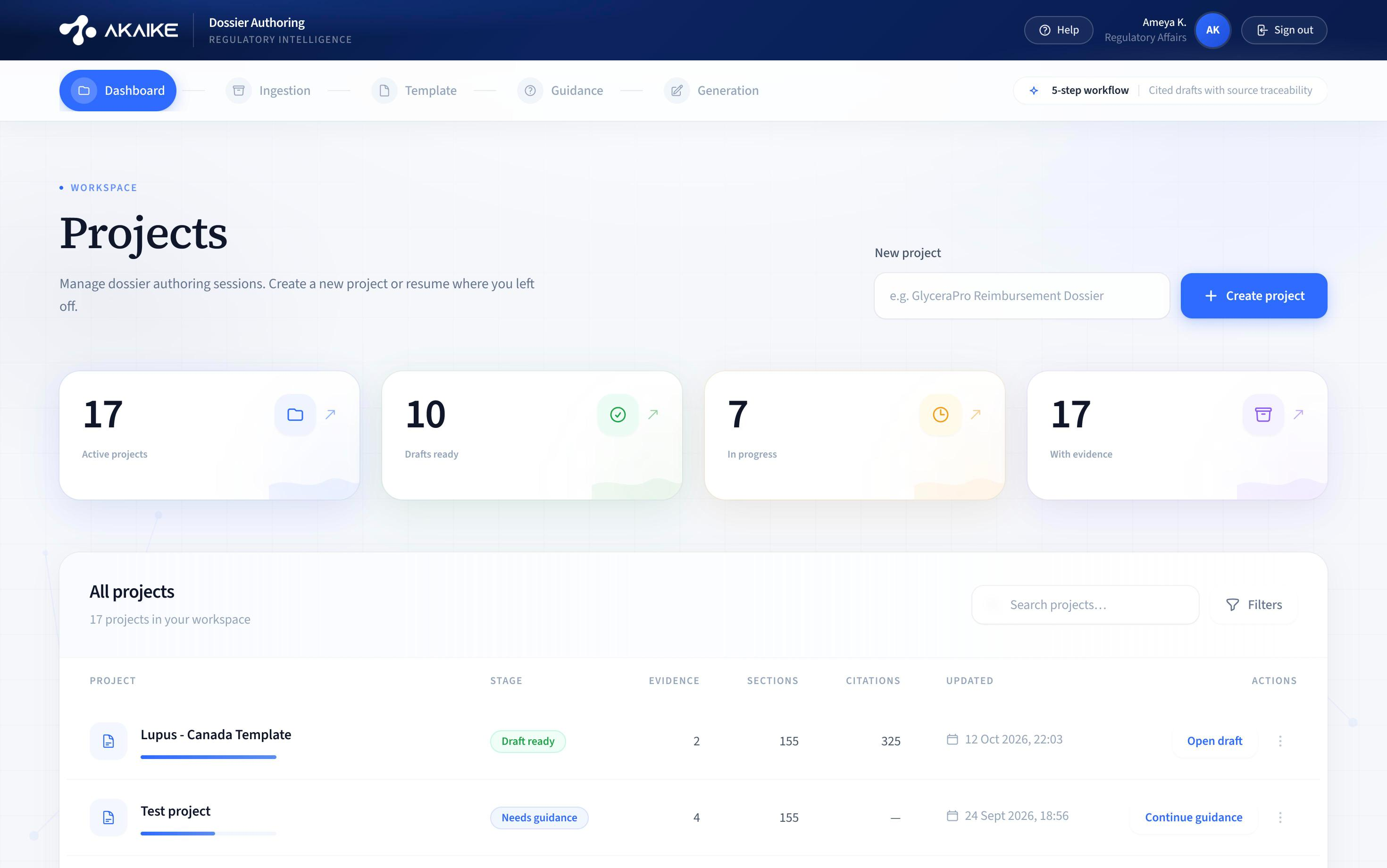 Dossier projects dashboard