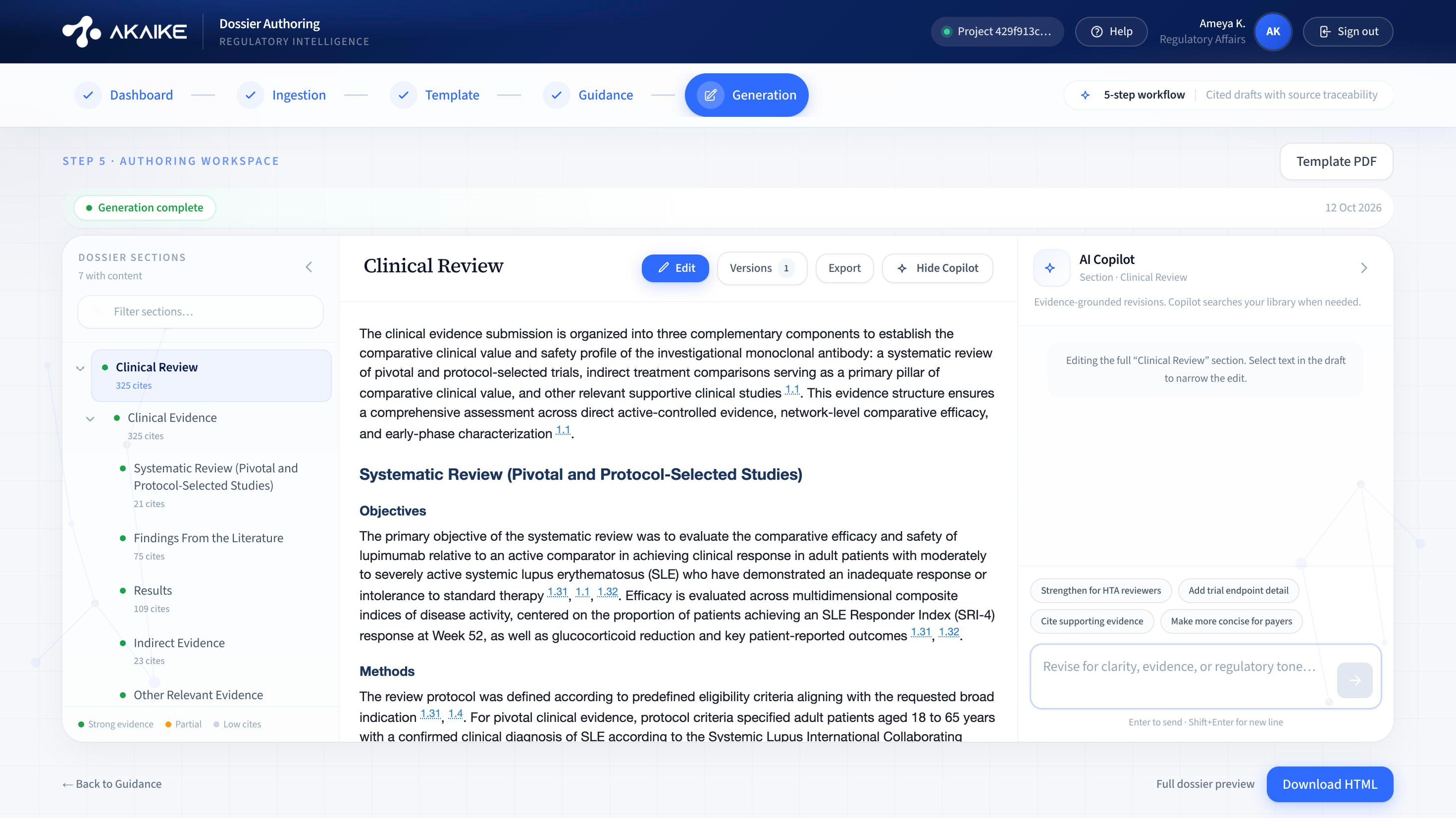 Dossier Authoring workspace with a cited clinical review draft and AI copilot