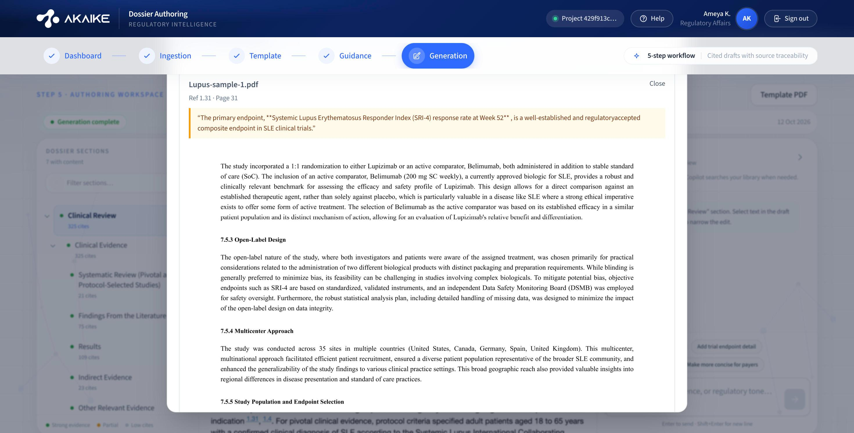 Dossier Authoring source traceability screen